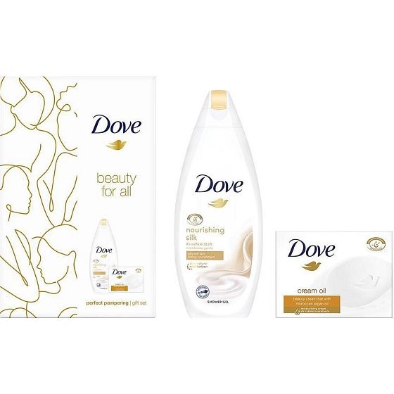 Dove Beauty For All Nourishing Silk Duschgel 250 ml + Cremeöl Marokkanisches Arganöl Toilettenseife 100 g, Kosmetikset