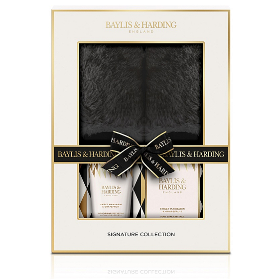 Baylis & Harding Tangerine and Grapefruit Fußcreme 140 ml + Fußbadesalz 100 g + Hausschuhe mit Fellimitat, Kosmetikset für Frauen