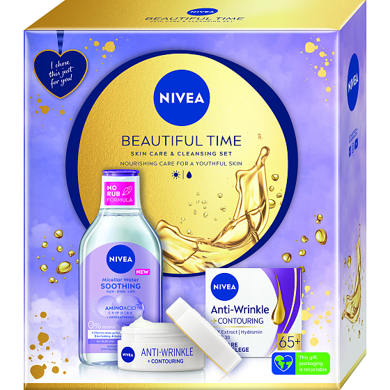 Nivea Beautiful Time Soothing Aminoacid Complex beruhigendes Mizellenwasser 400 ml + Anti Wrinkle 65+ Tagescreme 50 ml, Kosmetikset für Frauen
