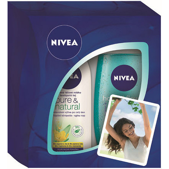 Nivea Pure Nourishing Body Lotion 250 ml + Hawaiian Flower & Oil Duschgel 250 ml, für Frauen Kosmetikset