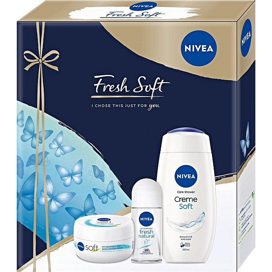 Nivea Fresh Soft Creme Weiches Duschgel 250 ml + Fresh Natural Antitranspirant Roll-on 50 ml + Weiche Feuchtigkeitscreme 100 ml, Kosmetikset