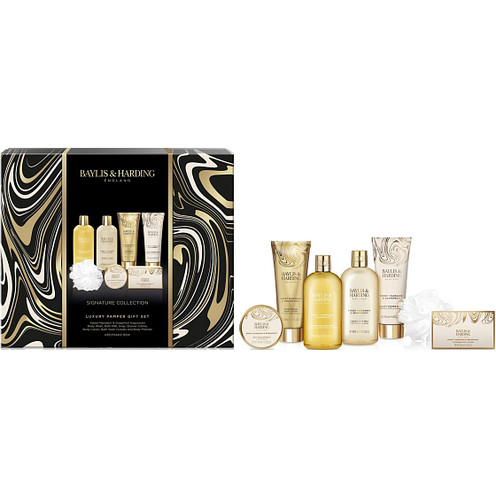 Baylis & Harding Tangerine and Grapefruit Duschgel 300 ml + Duschcreme 130 ml + Körperlotion 130 ml + Badeschaum 300 ml + feste Seife 100 g + Badekristalle 100 g + Badeschwamm, Kosmetikset für Frauen