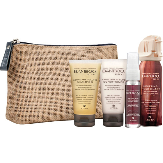 Alterna Bamboo Volume Transformation Kit Abundant Shampoo 40 ml, Abundant Volume Conditioner 40 ml, Uplifting Spray 75 ml, Sustainable Volume Spray 25 ml, für Reise-Geschenkset mit maximalem Volumen