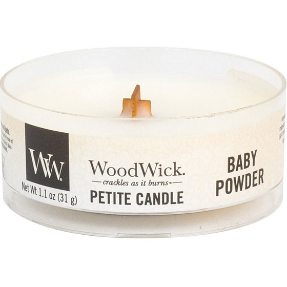 WoodWick Babypuder - Duftkerze mit Babypuder und kleinem Docht aus Holz 31 g