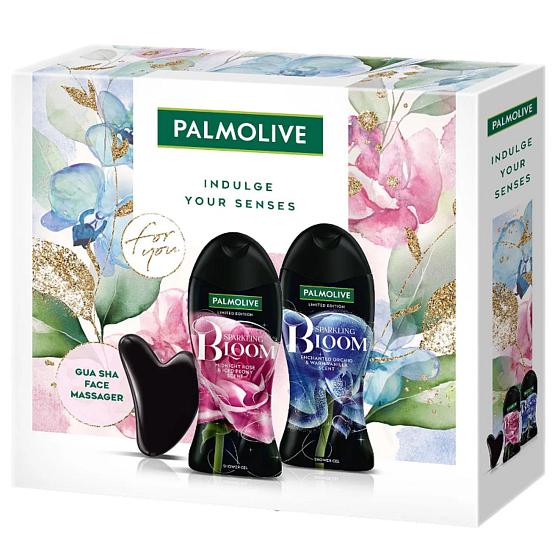 Palmolive Sparkling Bloom Midnight Rose & Iced Peony Duschgel 250 ml + Enchanted Orchid & Warm Vanilla Duschgel 250 ml + Gua Sha Gesichtsmassagewerkzeug, Kosmetikset für Frauen