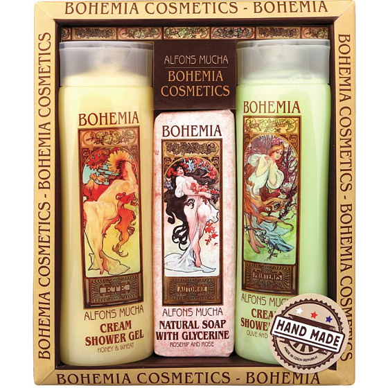 Bohemia Gifts Alfons Mucha Honig- und Getreidecreme-Duschgel 200 ml + Toilettenseife mit Glycerin mit Extrakten aus Oliven- und Zitrusblättern 125 g + Oliven- und Zitruscreme-Duschgel 200 ml, Kosmetikset