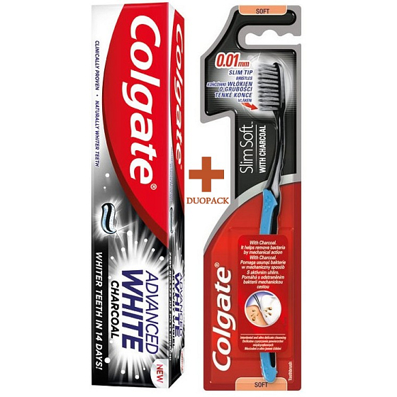 Colgate Slim Charcoal Weiche, weiche Zahnbürste 1 Stück + Colgate Advanced White Charcoal Whitening Zahnpasta 75 ml, Duopack