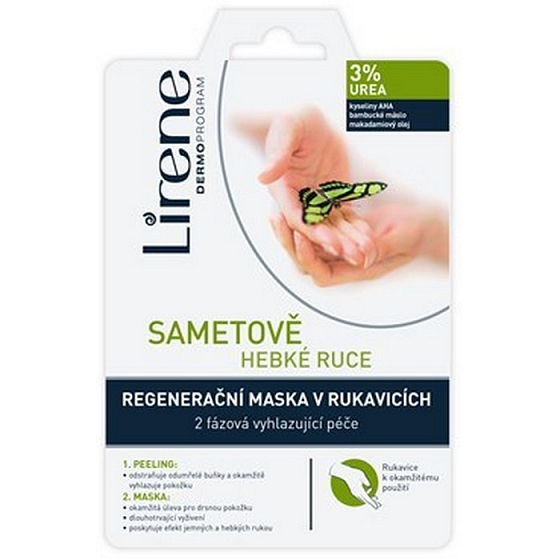Lirene Samtweiche Hände 3% Urea 2-Phasen-Peeling und Regenerationsmaske in Handschuhen