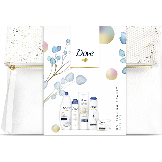 Dove Nourishing Tiefenpflegendes Duschgel für Frauen 250 ml + feste Seife 100 g + Antitranspirant-Spray 150 ml + Körperlotion 250 ml + Haarshampoo 250 ml, Kosmetikset