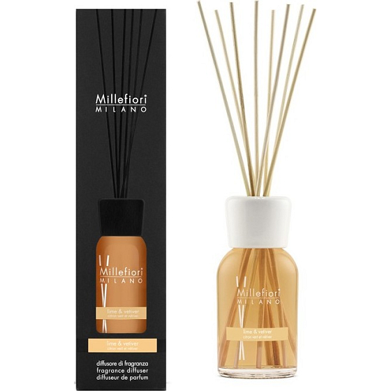 Millefiori Milano Natural Lime & Vetiver - Kalk und Vetiver Diffusor 250 ml + 8 30 cm lange Stiele für mittelgroße Räume hält mindestens 3 Monate