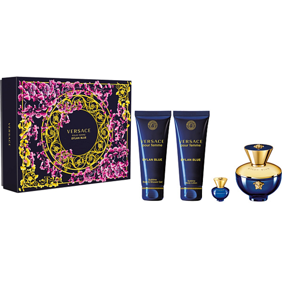 Versace Dylan Blue pour Femme Eau de Parfum 100 ml + Körperlotion 100 ml + Duschgel 100 ml + Eau de Parfum 5 ml Miniatur, Geschenkset für Frauen