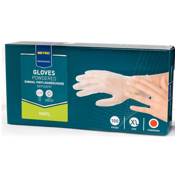Metro Professional Einweghandschuhe, transparentes Vinylpulver, Größe XL, Schachtel mit 100 Stück