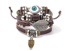 Mehrschichtiges Lederarmband, blaues Auge + Eulensymbol, größenverstellbar