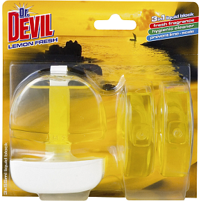 Dr. Devil 3in1 Lemon Fresh flüssiger WC Block, Korb + Nachfüllung 3× 55 ml