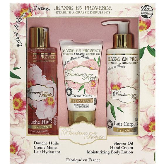 Jeanne en Provence Pivoine Féérie - Pfingstrosenfee-Handcreme 75 ml + Körperlotion 250 ml + Duschöl 250 ml, Kosmetikset