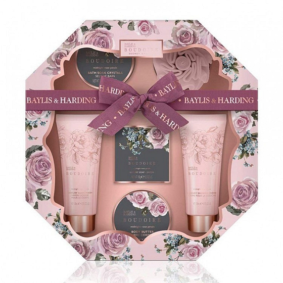 Baylis & Harding Rosenblätter Duschcreme 130 ml + Flüssigseife 130 ml + Badekristalle 100 g + Seife 150 g + Körperbutter 100 ml + Waschlappen, achteckiges Kosmetikset