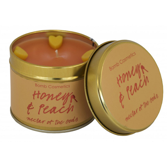 Bomb Cosmetics Honig & Pfirsich - Honey & Peach Duftende natürliche, handgefertigte Kerze in einer Blechdose brennt bis zu 35 Stunden