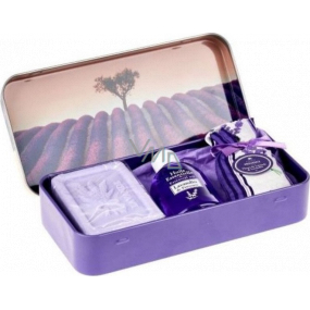 Esprit Provence Lavendel-Toilettenseife 60 g + Duftsäckchen + ätherisches Öl 12 ml + Dose mit Bild eines Baumes in einem Lavendelfeld, Kosmetikset für Frauen