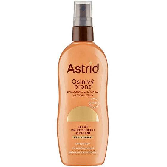 Astrid Samoopalovací mléko 150 ml sprej – samoopalovací sprej pro přirozeně opálený vzhled, snadno se nanáší a poskytuje rovnoměrný a dlouhotrvající efekt.