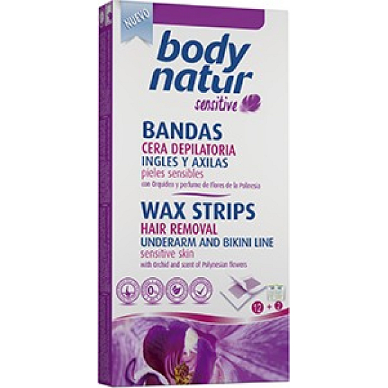 Body Natur Sensitive Orchidee Epilation Wachsbänder für Bikini und Achsel 12 Stück + Post-Wipes 2 Stück