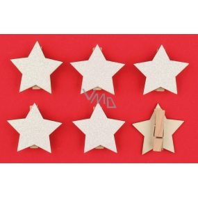 Sterne mit Glitter, weiß aus Holz auf Zapfen 4,5 cm 6 Stück