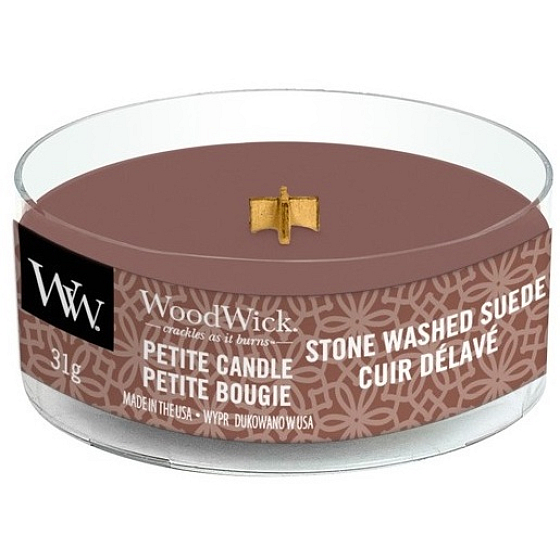 WoodWick Stone Washed Suede - Duftkerze aus gewaschenem Wildleder mit zierlichem Holzdocht 31 g