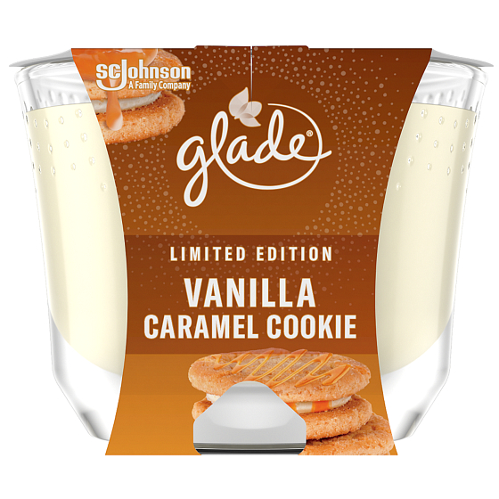 Glade Maxi Vanilla Caramel Cookie Duftkerze mit Vanillekeks und Karamellduft große Kerze im Glas, Brenndauer bis zu 52 Stunden 224 g