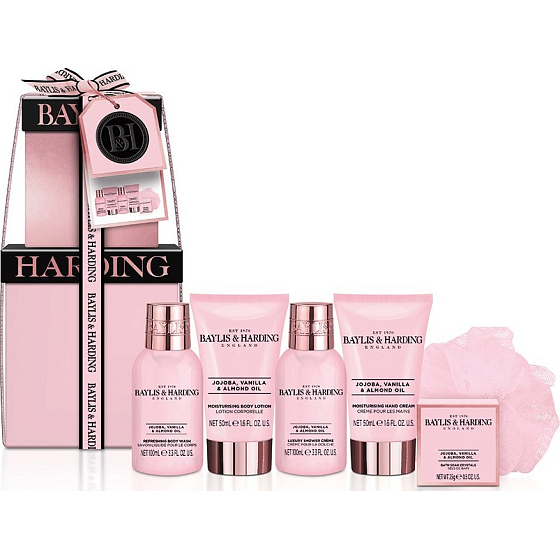 Baylis & Harding Jojoba-, Vanille- und Mandelöl-Reinigungsgel 100 ml + Duschcreme 100 ml + Körperlotion 50 ml + Handcreme 50 ml + Badekristalle 25 + Waschlappen, Kosmetikset