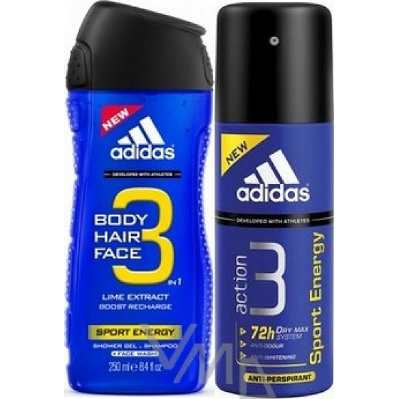 Adidas Sport Energy 3 in 1 Duschgel für Körper, Haare und Gesicht für Männer 250 ml + Antitranspirant Deodorant Spray 150 ml, Kosmetikset