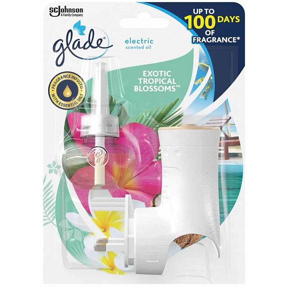 Glade Electric Duftöl Exotic Tropical Blossoms Duft mit Tönen von Monoi Blumen und Kokosmilch elektrischen Lufterfrischer Rasierer mit flüssiger Füllung 20 ml