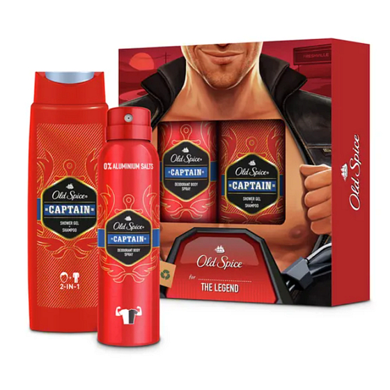 Old Spice Captain Deospray 150 ml + 2in1 Duschgel für Körper und Haare 250 ml, Kosmetikset für Männer