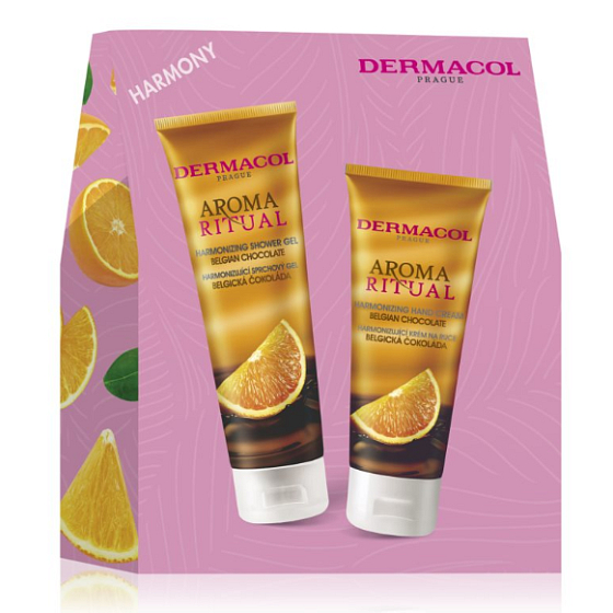 Dermacol Aroma Ritual Belgian Chocolate harmonisierendes Duschgel 250 ml + Belgian Chocolate harmonisierende Handcreme 100 ml, Kosmetikset für Frauen