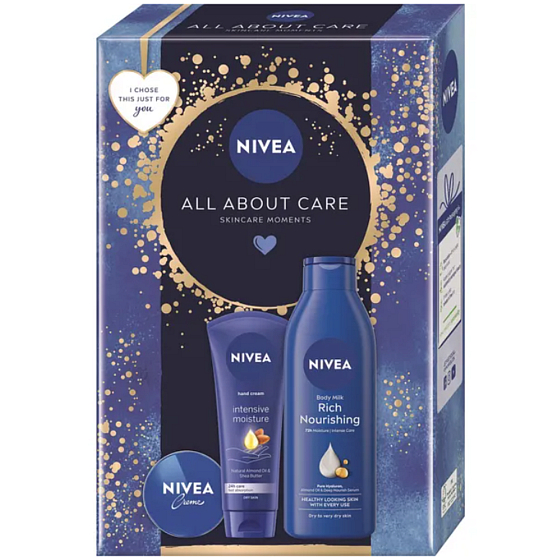 Nivea All about Care Intensive Handcreme 75 ml + Nivea Rich Nourishing Pflegende Bodylotion 250 ml + Nivea Creme Basiscreme 30 ml, Kosmetikset