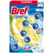 Bref Power Aktiv 4 Formel Zitrone WC-Block für hygienische Sauberkeit und Frische Ihrer Toilette, färbt Wasser, Mega-Pack 3 x 50 g