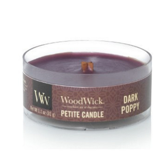WoodWick Dark Poppy - Mohn-Duftkerze mit zierlichem Holzdocht 31 g