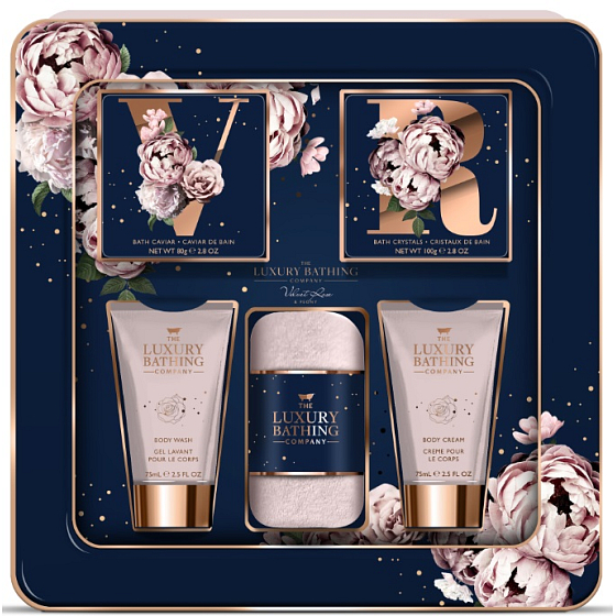 Grace Cole Velvet Rose & Peony Reinigungsgel 75 ml + Körpercreme 75 ml + Badekristalle 100 g + Badeperlen 80 g + Flanellwaschlappen, Kosmetikset für Damen