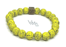 Lava gelb-grün mit königlichem Mantra Om, Armband elastischer Naturstein, Kugel 8 mm / 16-17 cm, geboren aus den vier Elementen