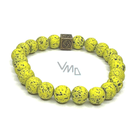 Lava gelb-grün mit königlichem Mantra Om, Armband elastischer Naturstein, Kugel 8 mm / 16-17 cm, geboren aus den vier Elementen