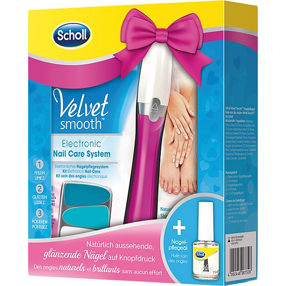 Scholl Velvet Smooth elektrische Nagelfeile pink + Scholl Velvet Smooth Nagelöl 7,5 ml