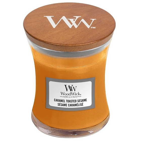 WoodWick Caramel Toasted Sesame - Sesamkekse mit Karamell-Duftkerze mit Holzdocht und Deckelglas klein 85 g