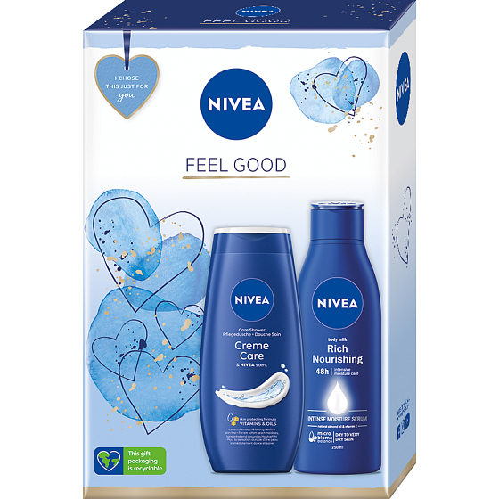 Nivea Feel Good Rich Nourishing nährende Körperlotion 250 ml + Creme Care cremiges Duschgel 250 ml, Kosmetikset für Frauen