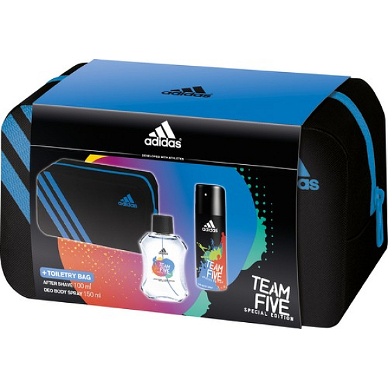 Adidas Team Five Aftershave 100 ml + Deodorant Spray 150 ml + Toilettensack, Kosmetikset