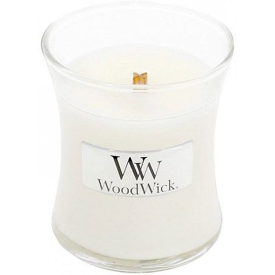 WoodWick White Teak - Weiße Teak-Duftkerze mit Holzdocht und Glasdeckel klein 85 g