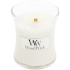 WoodWick White Teak - Weiße Teak-Duftkerze mit Holzdocht und Glasdeckel klein 85 g