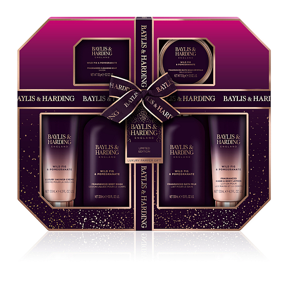 Baylis & Harding Fig and Pomegranate Waschgel 300 ml + Bademilch 300 ml + Toilettenseife 150 g + Duschcreme 130 ml + Körperlotion 130 ml + Badesalz 100 g, Kosmetikset für Frauen