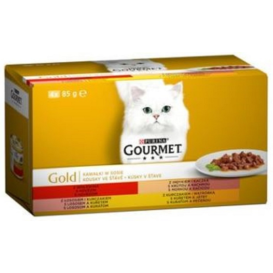 Gourmet Gold Multipack Rind, Truthahn, Lachs, Huhn in Dosen für ausgewachsene Katzen 4 x 85 g