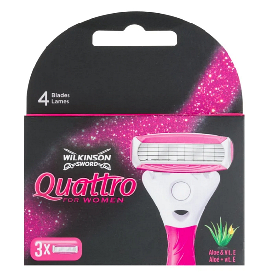 Wilkinson Sword Quattro für Frauen Aloe & Vitamin E Ersatzkopf mit 4 Klingen und Gitter für Frauen 3 Stück