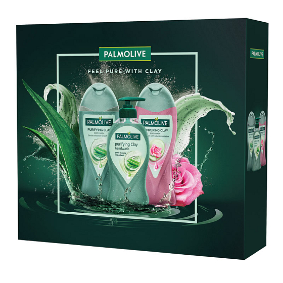Palmolive Purifying Clay Duschgel mit Ton 250 ml + Flüssigseifenspender 250 ml + Verwöhn Clay Duschgel 250 ml, Kosmetikset