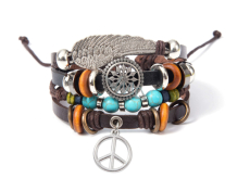 Mehrlagiges Lederarmband, Engelsflügel + Hippiesymbol, größenverstellbar