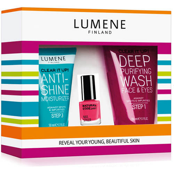 Lumene Clear It Up für junges und schönes hautreinigendes Hautgel 150 ml + opake Creme 50 ml + Nagellack, Kosmetikset